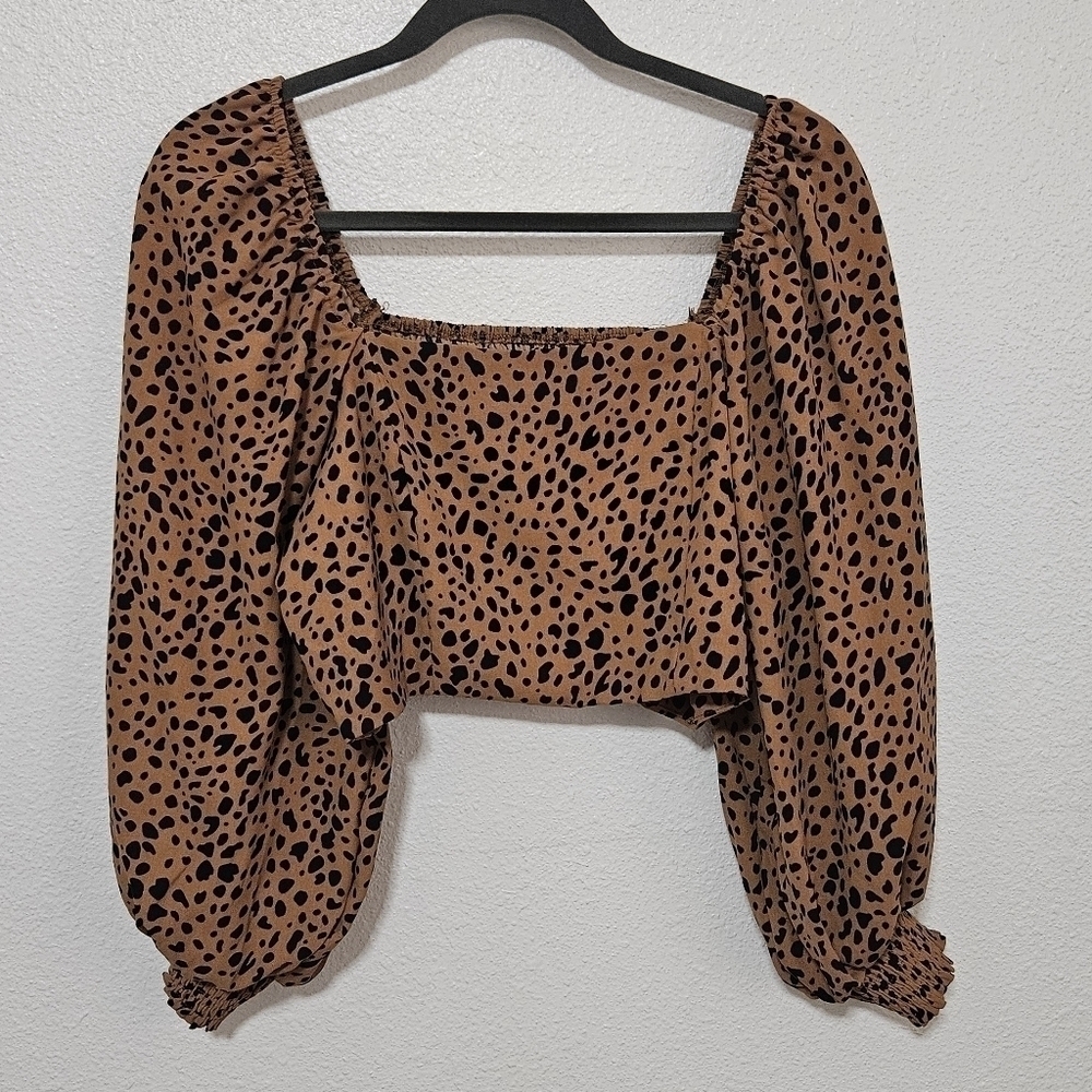 Shein leopard print cropped balloon sleeve top size large